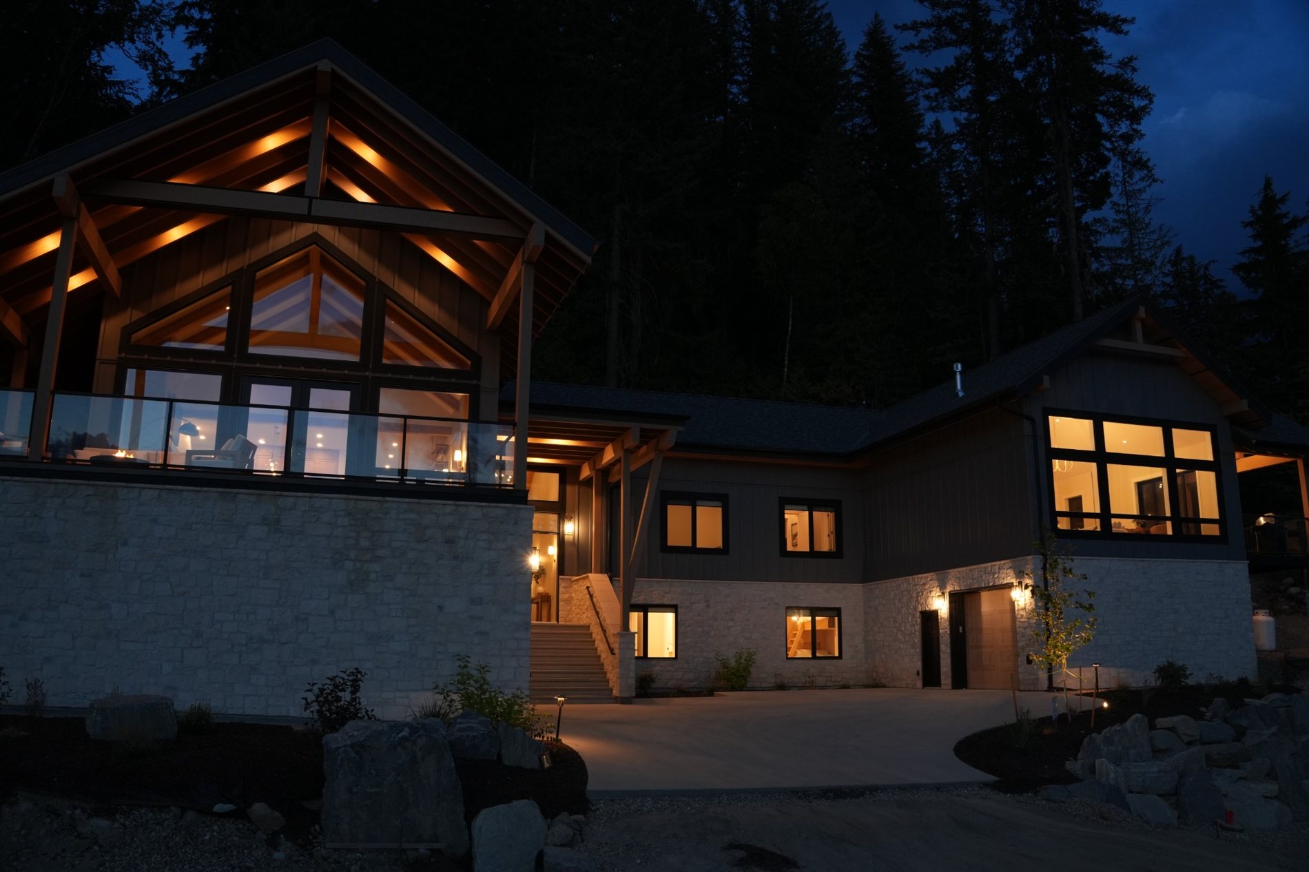 Sub Peak Chalet illuminated at dusk